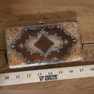 Vintage Leather Clutch with Intricate Gold Design